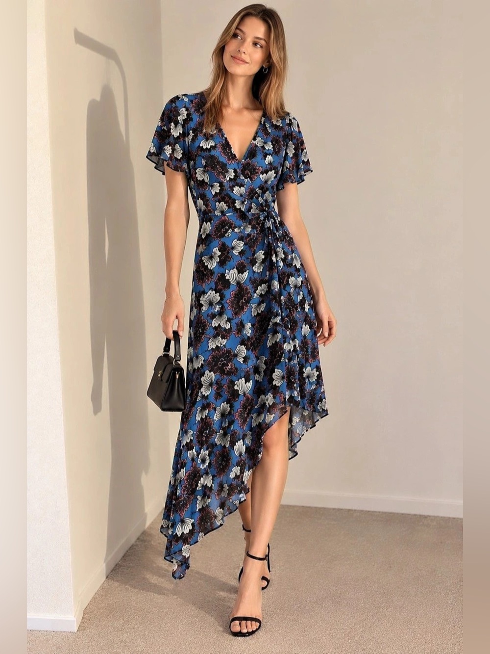 ZARA Trafaluc Blue Floral Asymmetrical Wrap Midi Dress Size S